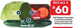Pick n Pay Liquor PnP English Cucumber, Crisp Lettuce Head, Loose Avocado and Slicing Tomatoes offer