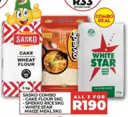1UP SASKO COMBO - CAKE FLOUR 5KG - SPEKKO RICE 5KG - WHITE STAR MAIZE MEAL 5KG offer