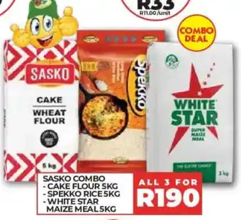 SASKO COMBO - CAKE FLOUR 5KG - SPEKKO RICE 5KG - WHITE STAR MAIZE MEAL 5KG