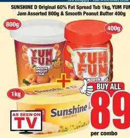 Boxer Sunshine d original 60% fat spread tub & yum fun jam assorted & smooth peanut butter offer
