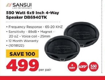 HiFi Corp Sansui - 550 Watt 6x9 Inch 4-Way Speaker DB6940TK offer