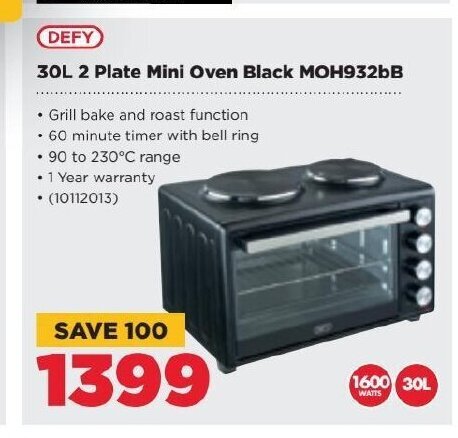 Defy 30L 2 Plate Mini Oven Black MOH932bB offer at HiFi Corp