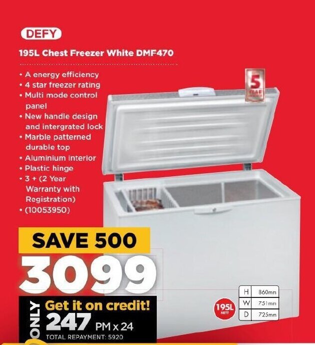 DEFY 195L Chest Freezer White DMF470 offer at HiFi Corp