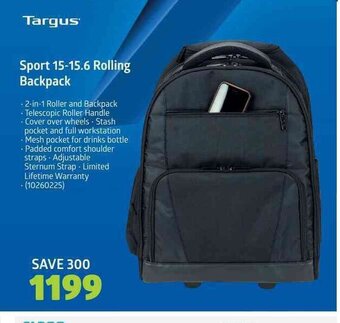 Incredible Connection Targus - Sport 15-15.6 Rolling Backpack offer