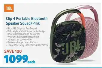 Incredible Connection JBL - Clip 4 Portable Bluetooth Speaker Squad/Pink offer
