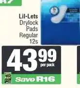 Spar Lil-Lets Drylock Pads Regular 12s - per pack offer