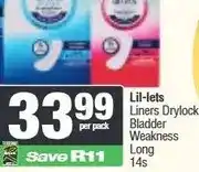Spar Lil-lets Liners Drylock Bladder Weakness Regular 14s offer