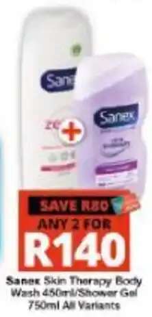 Checkers Hyper Sanex Skin Therapy Body Wash 450ml/Shower Gel 750ml offer