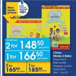 Clicks Clicks Made 4 Baby Dryprotect Disposable Nappies Jumbo Pack (Excl. Size 1 and 2) offer