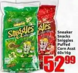 Three Star Cash and Carry Sneaker Snacks Sniggles Puffed Corn Assorted offer