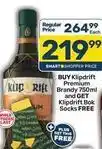 Pick n Pay Klipdrift - premium brandy 750ml and get bok socks free offer