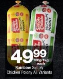 Checkers Rainbow Simply Chicken Polony 700g/1kg offer