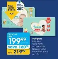 Clicks Pampers - premium care pants or disposable nappies value pack offer