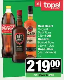Spar Tops Red Heart Original Dark Rum OR Bacardi Spiced Rum PLUS Coca-Cola (Incl. Variants) offer