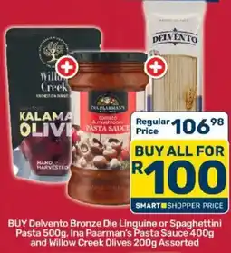 Pick n Pay Delvento Bronze Die Linguine or Spaghettini Pasta and Ina Paarman's Pasta Sauce and Willow Creek Olives Assorted offer