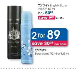 Clicks Yardley Body Spray 90 ml or 125 ml offer