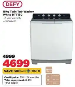 HiFi Corp DEFY 18kg Twin Tub Washer White DTT180 offer