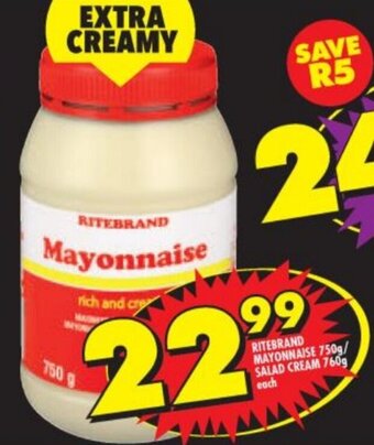 Shoprite Ritebrand Mayonnaise 750g/Salad Cream 760g offer
