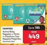 Makro Pampers - active baby nappies or pants or premium care nappies mega box offer