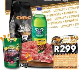 OBC Meat & Chicken Obc beef cuts & heroes wors, obc charcoal or briquettes & spar-letta soft drink + free legacy sprinkle offer