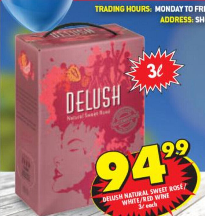 Delush Natural Sweet Rose/White/Red Wine 3L offer at Shoprite Liquor