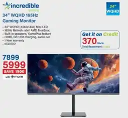Incredible Connection incredible gaming 34" WQHD 165Hz Gaming Monitor offer