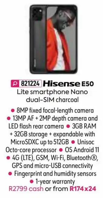 HomeChoice Hisense E50 Lite Smartphone Nano Dual-Sim Charcoal offer