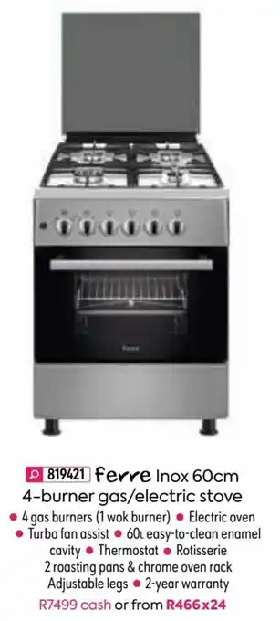 HomeChoice Ferre Inox 60cm 4-Burner Gas/Electric Stove offer