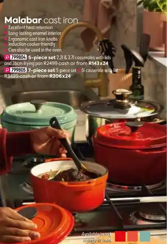 Malabar Cast Iron 5-Piece Set 2.2L & 3.7L Casseroles with Lids and 26cm Frying Pan