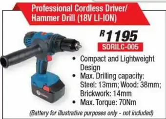 Adendorff Machinery Mart Professional Cordless Driver/ Hammer Drill 18V SDRILC-005 offer