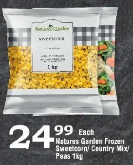 Oxford Freshmarket Nature's Garden Frozen Sweetcorn/Country Mix/Peas 1kg offer