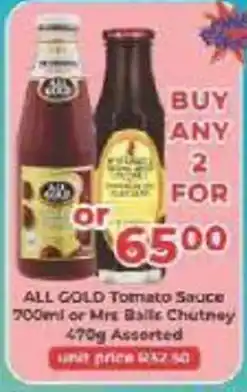M.A Powertrade ALL GOLD Tomato Sauce or Mrs Balls Chutney Assorted offer