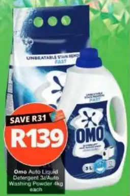 Checkers Hyper Omo Auto Liquid Detergent 3l/Auto Washing Powder 4kg offer