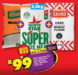 Shoprite Sasko Cake Wheat Flour 2,5kg + White Star Super Maize Meal 2,5kg + Champion Samp 2,5kg offer