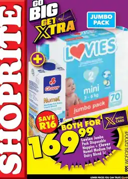 Shoprite Jumbo - lovies pack disposable nappies + clover numel medium fat dairy blend offer