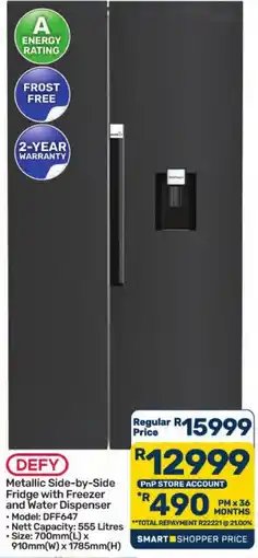 Pick n Pay Hypermarket DEFY Metallic Side-by-Side Fridge with Freezer and Water Dispenser offer