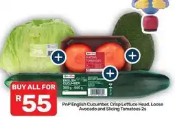 Pick n Pay English cucumber, crisp lettuce head, loose avocado and slicing tomatoes offer