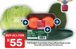 Pick n Pay PnP English Cucumber, Crisp Lettuce Head, Loose Avocado and Slicing Tomatoes 2s offer