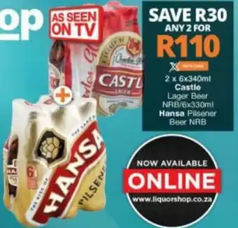 Checkers Hyper Castle Lager Beer NRB 6 x 330ml / Hansa Pilsener Beer NRB offer