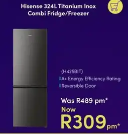 Teljoy Hisense 324L Titanium Inox Combi Fridge/Freezer offer