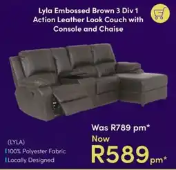 Teljoy Lyla Embossed Brown 3 Div 1 Action Leather Look Couch with Console and Chaise offer