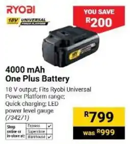 Builders Warehouse RYOBI 4000 mAh One Plus Battery offer