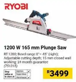 Builders Warehouse RYOBI 1200 W 165 mm Plunge Saw offer