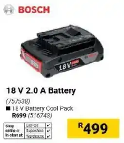 Builders Warehouse BOSCH 18 V 2.0 A Battery offer