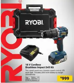 Builders Warehouse RYOBI 18 V Cordless Brushless Impact Drill Kit offer