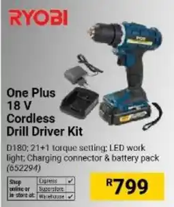 Builders Warehouse RYOBI One Plus 18 V Cordless Drill Driver Kit offer