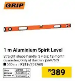 Builders Warehouse GRIP 1 m Aluminium Spirit Level offer