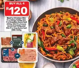 Pick n Pay Beef or Chicken Stir Fry, Stir Fry Noodles Assorted, Stir Fry Sauce Assorted and Stir Fry Veg Assorted offer