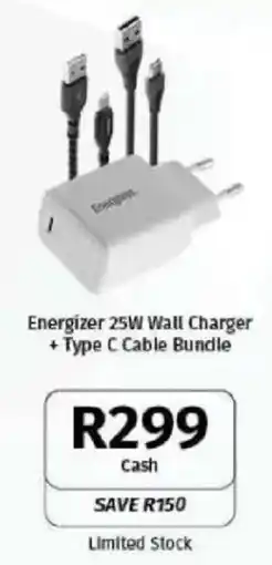 Vodacom Energizer 25W Wall Charger + Type C Cable Bundle offer