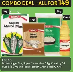 Makro ECONO Brown Sugar 2 kg, Super Maize Meal 5 kg, Cooking Oil Blend 750 ml and Rice Medium Grain 5 kg offer